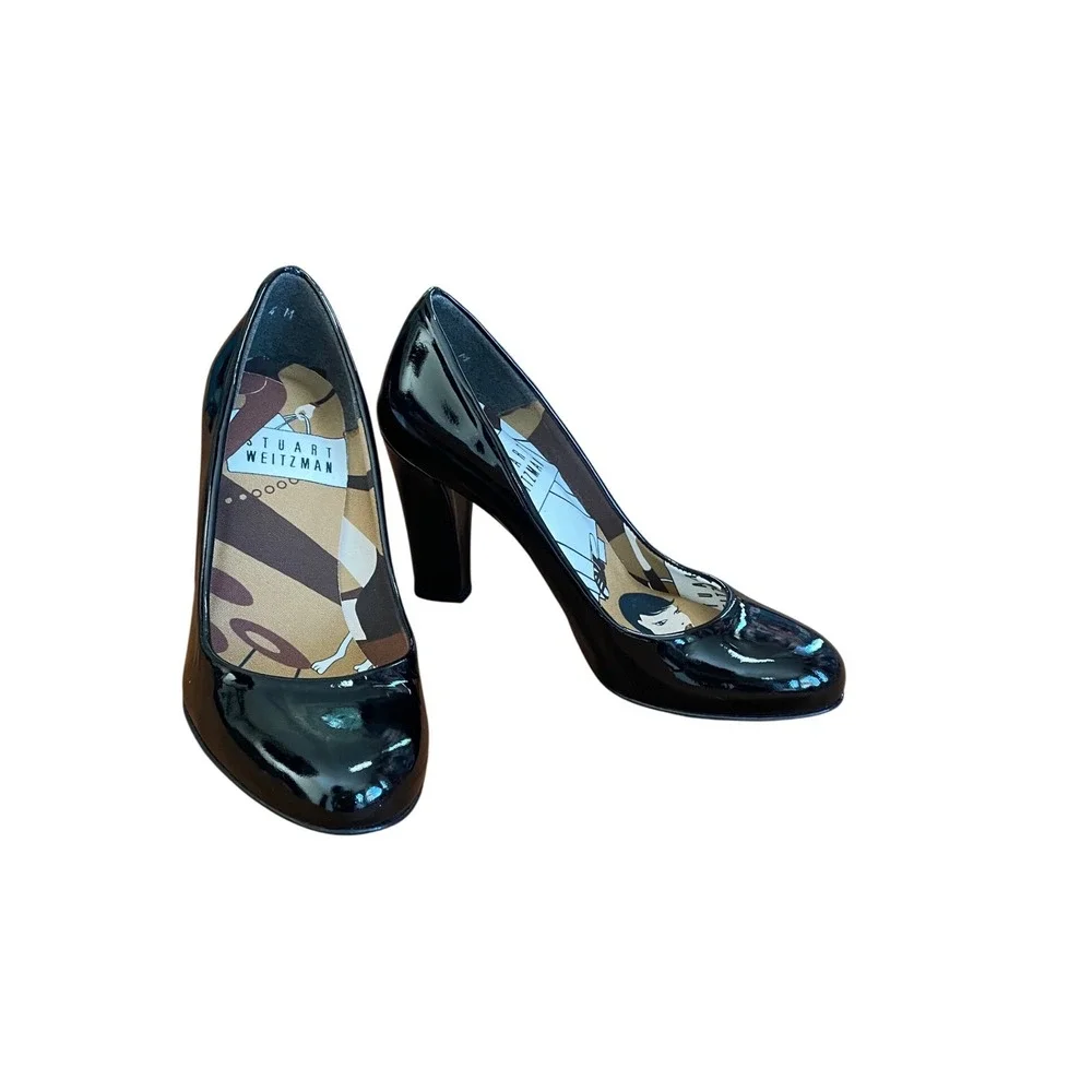 Stuart Weitzman Black Patent Leather Round Toe Block Heel Pumps Made in Spain 4M